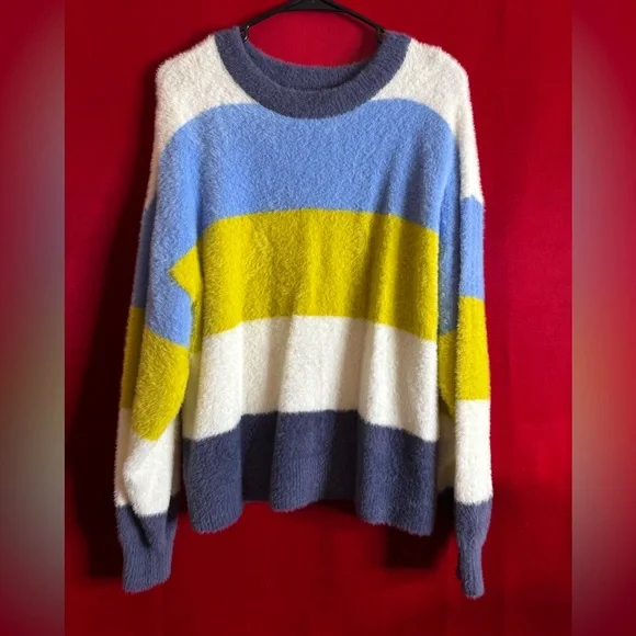 #308-AERIE Plush Colorblock Crewneck Sweater Blue/Yellow/White/Lgt.Blue XS - Picture 1 of 3